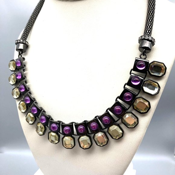 Vintage Purple Art Deco Bib Necklace from Lia Sophia, Whimsigoth Gunmetal Mesh - Picture 3 of 3